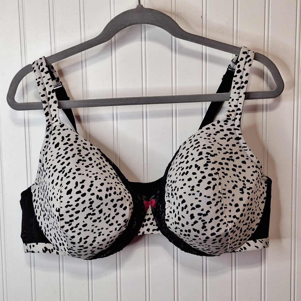 Cacique Satin Full Coverage Bra 46C‎ Spotted Animal Print Black White Lace Bow